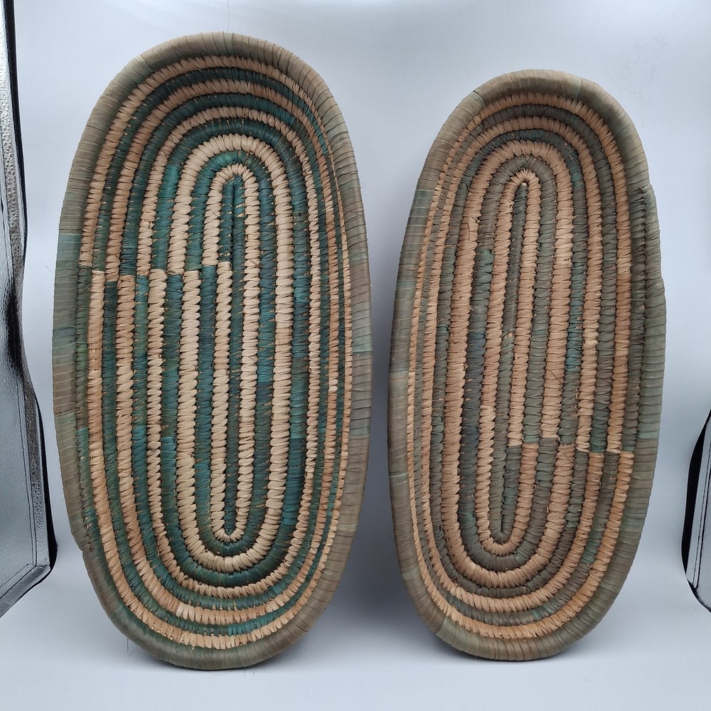 Set Of 2 Hand Woven African Hausa Style Coiled Grass Nesting Baskets Green Tan